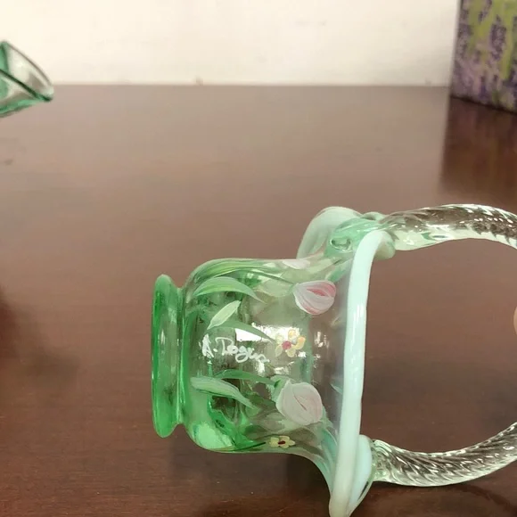 Fenton Green Glass Basket Set with Pink Floral Design